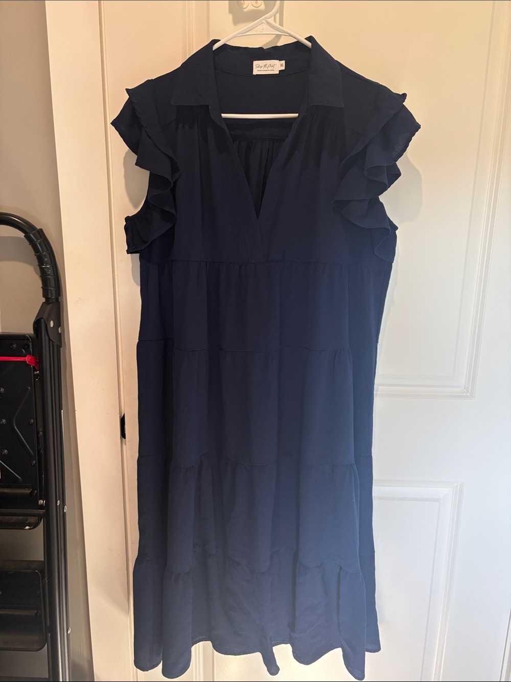 Tiered Navy Midi Dress with Ruffle Sleeves